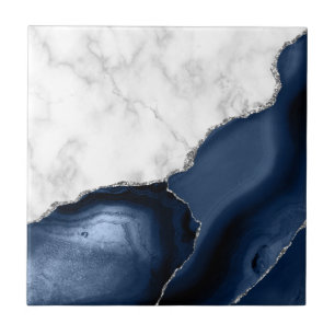Azulejo De Cerâmica Mármore Branco Ágata Azul-Marinho Brilho Prateado