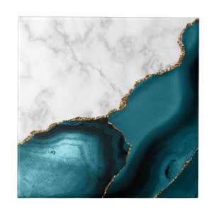 Azulejo De Cerâmica Mármore Branco Ágata Teal Dourada