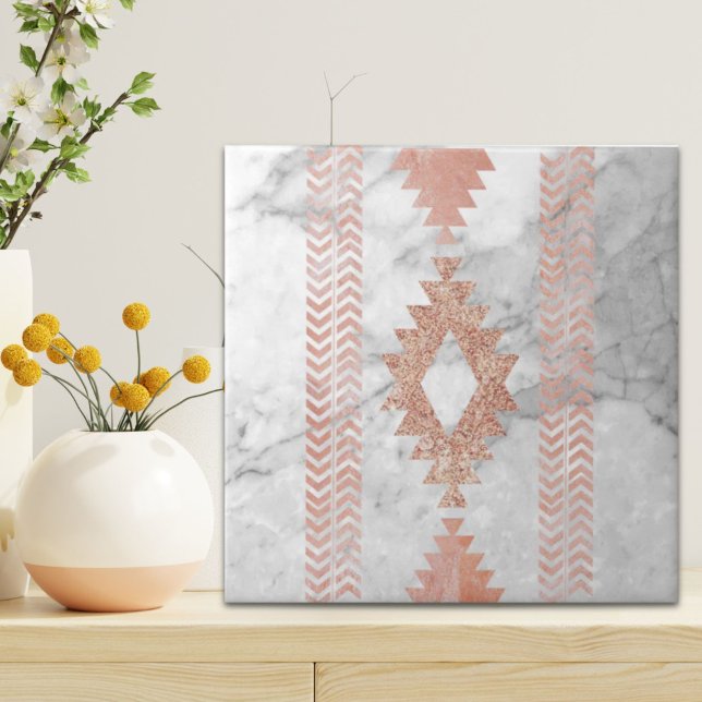 Azulejo De Cerâmica mármore branco aztec, rosa, geométrico mínimo (minimalist geometric rose gold aztec white marble ceramic tile)