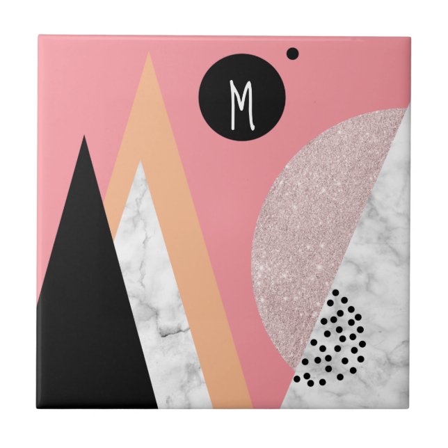 Azulejo De Cerâmica Mármore branco de ouro-rosa geométrico elegante (Frente)