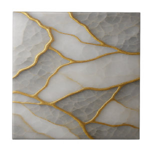 Azulejo De Cerâmica Mármore Branco e Cinza Elegante com Veias Douradas