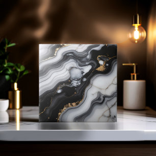 Azulejo De Cerâmica Mármore Preto e Branco com Veios Falsos Dourados e
