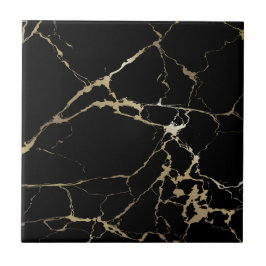 Azulejo De Cerâmica Mármore Preto Luxuoso com Kintsugi Dourado Pesado 
