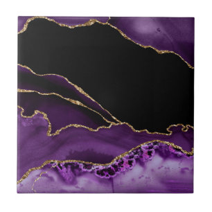 Azulejo De Cerâmica Mármore Preto Violeta Ágata Glamour Escuro Dourado