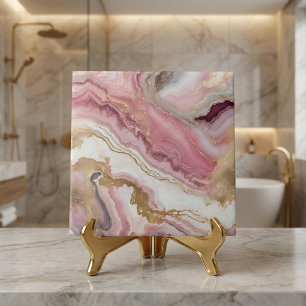 Azulejo De Cerâmica Mármore Rosa Bege Elegante Dourado & Ágata Branca