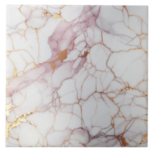 Azulejo De Cerâmica Mármore Rosa e Branco Rachado com Dourado