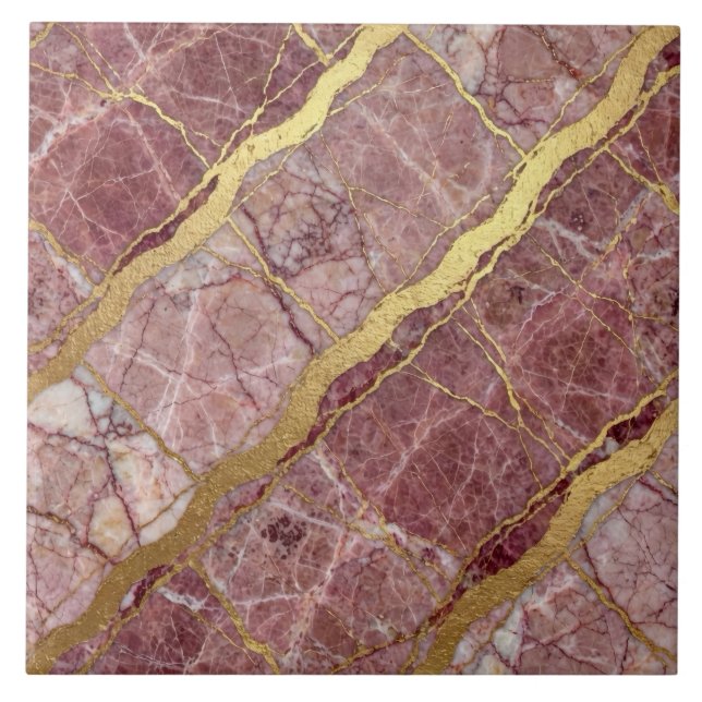 Azulejo De Cerâmica Mármore Rosa Malva e Dourado (Frente)