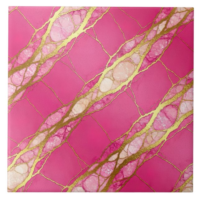 Azulejo De Cerâmica Mármore Rosa Quente e Dourado (Frente)