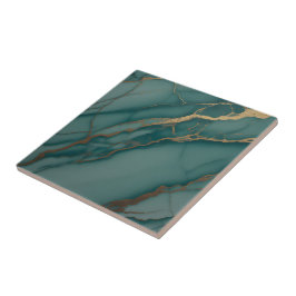 Azulejo De Cerâmica Mármore Teal Oceano com Veias Douradas Metálicas