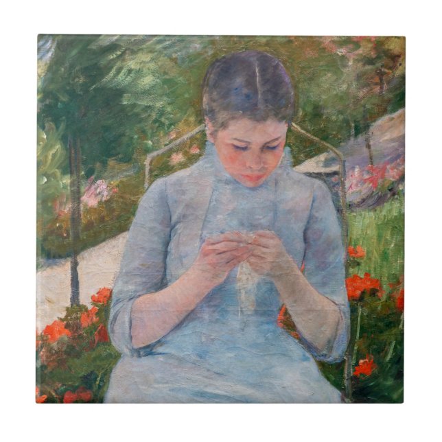 Azulejo De Cerâmica Mary Cassatt - Garota costurando um jardim (Frente)