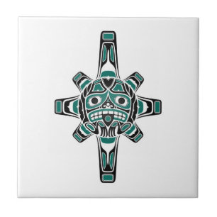 Azulejo De Cerâmica Máscara azul e preta da cerceta do Haida de Sun n