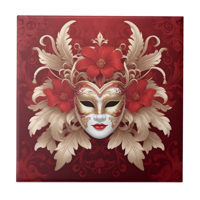 Azulejo De Cerâmica Máscara de carnaval vermelha e dourada (Frente)
