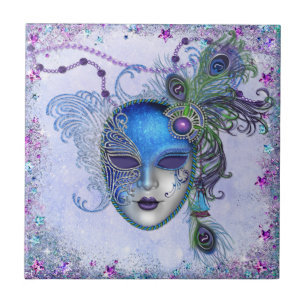 Azulejo De Cerâmica Máscara de Mascarada de pena de Peacock