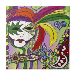 Azulejo De Cerâmica Máscara de Pena Mardi Gras Psicodélica