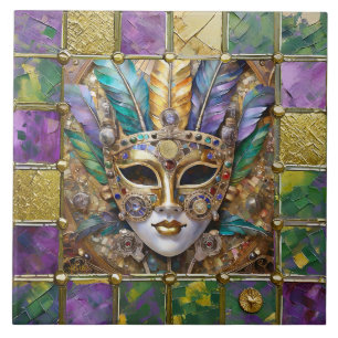 Azulejo De Cerâmica Máscara de penas coloridas Dourada e cerâmica do M
