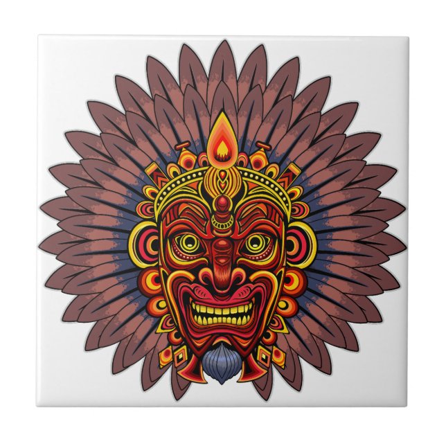 Azulejo De Cerâmica Máscara Ritual do Rei Guerreiro Tribal (Frente)