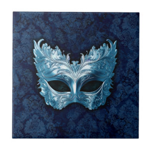 Azulejo De Cerâmica Máscara Veneziana Azul sobre Fundo de Damasco Azul