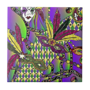 Azulejo De Cerâmica Máscaras de penas do Mardi Gras Psychedelic