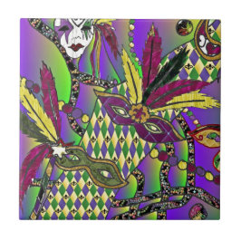 Azulejo De Cerâmica Máscaras de penas psicodélicas de Mardi Gras