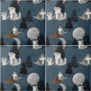 Azulejo De Cerâmica Matilha de Lobo Fofo Céu Noturno da Floresta Lua