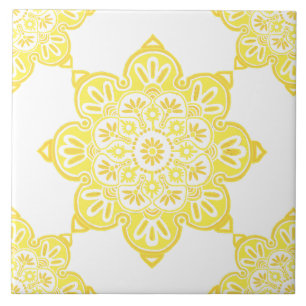Azulejo de cerâmica, medalhão amarelo em branco