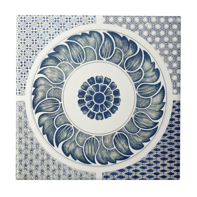 Azulejo De Cerâmica Medalhão Chinês: Chinoiserie Azul Índigo (Frente)