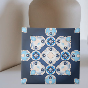 Azulejo De Cerâmica Medalhão de Beige Azul do Mediterrâneo Elegante