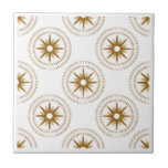 Azulejo De Cerâmica Medalhão de Starburst Dourado Vintage<br><div class="desc">O padrão geométrico de estrelas de ouro, inspirado no médio século moderno, centrava-se cada uma num elogio medalhão cintilante; numa reviravolta moderna num design. Design simples e limpo numa paleta de ouro e cor branca. Crie seu próprio padrão personalizado carregando uma nova imagem ou use o botão "mensagem" para entrar...</div>