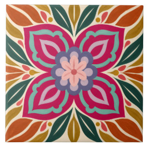 Azulejo De Cerâmica Medalhão Floral Simétrico de Arte Popular
