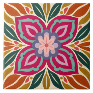 Azulejo De Cerâmica Medalhão Floral Simétrico de Arte Popular