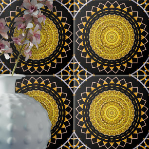 Azulejo De Cerâmica Medalhão Oriental Dourado e Negro Luxurioso
