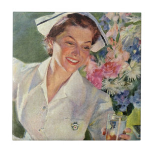 Azulejo De Cerâmica Medicina Vintage, Enfermeira Feliz em Uniforme