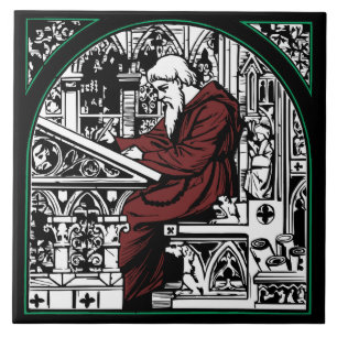 Azulejo De Cerâmica Medieval Escrevendo Desk e Monk