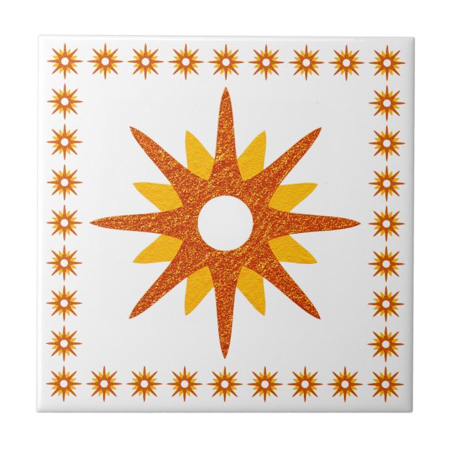 Azulejo De Cerâmica Médio Moderno do século Design Laranja Starburst (Frente)