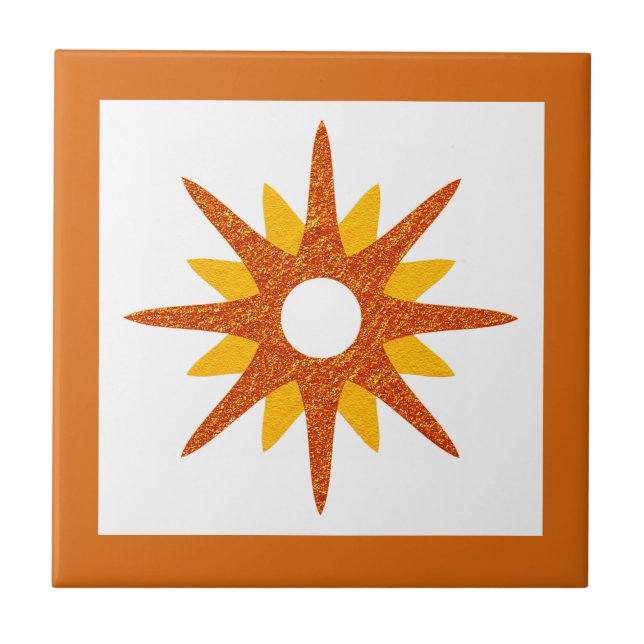 Azulejo De Cerâmica Médio Moderno do século Design Laranja Starburst (Frente)