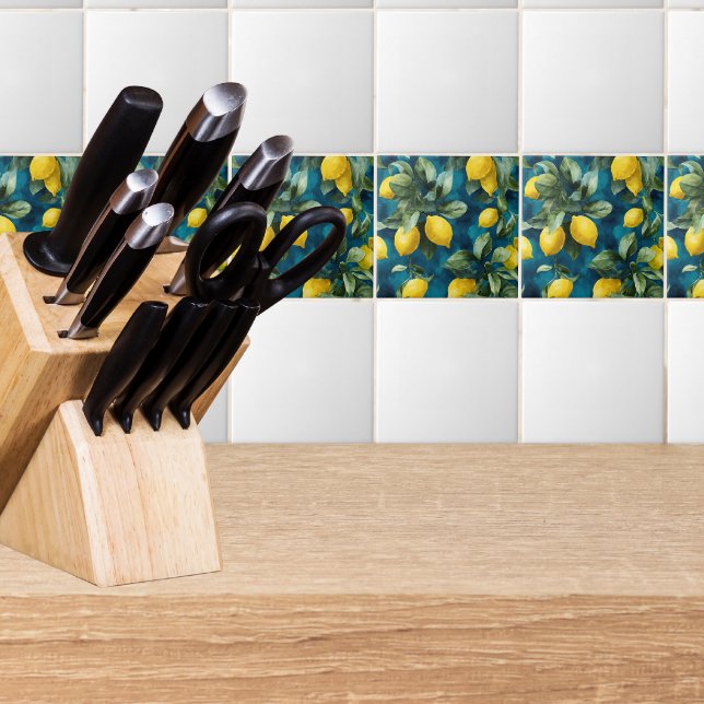 Azulejo De Cerâmica Mediterranean Lemon Watercolor Blue Yellow Pattern (Criador carregado)
