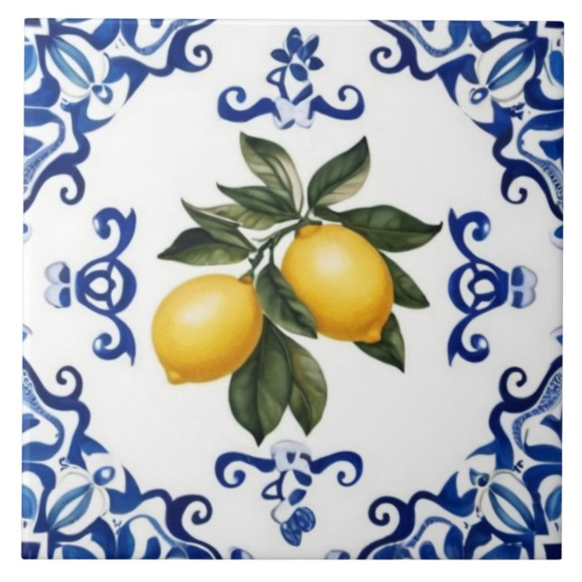 Azulejo De Cerâmica Mediterranean Lemons with Blue and White Border (Frente)