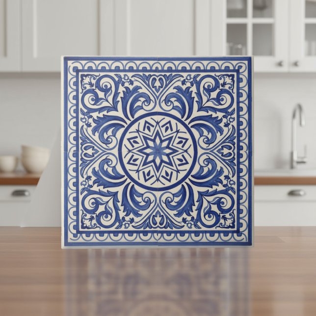 Azulejo De Cerâmica Mediterranean Pattern Pat#11 Blue Ivory ID1195 (Criador carregado)