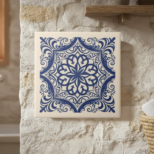 Azulejo De Cerâmica Mediterranean Pattern Pat#4 Blue Ivory ID1195 (Criador carregado)