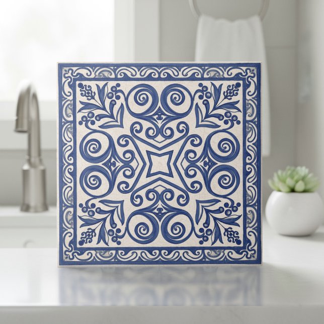 Azulejo De Cerâmica Mediterranean Pattern Pat#5 Blue Ivory ID1195 (Criador carregado)