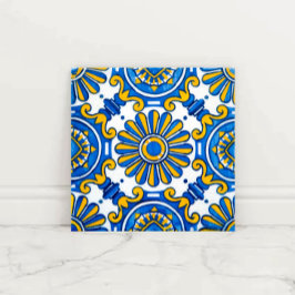Azulejo De Cerâmica Mediterranean Sunburst Blue and Gold Floral Mosaic