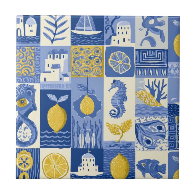 Azulejo De Cerâmica Mediterranean Tile Lemon Coastal Pattern (Frente)