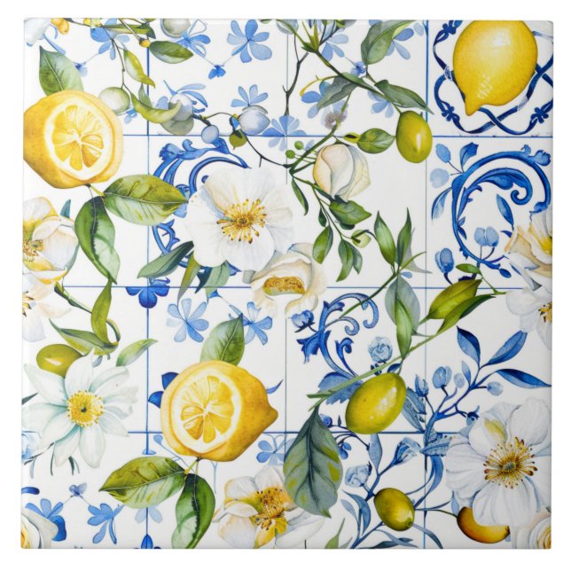 Azulejo De Cerâmica Mediterranean Watercolor Blue Pattern and Citrus (Frente)