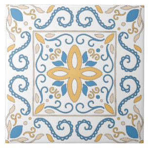Azulejo De Cerâmica Mediterranéico Laranja Azul Rosa Geométrico Andalu