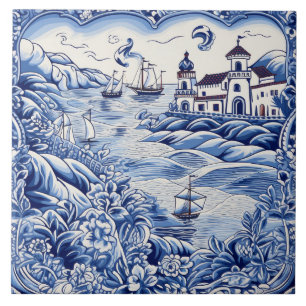 Azulejo De Cerâmica Mediterrâneo ama branco azul