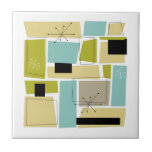 Azulejo De Cerâmica Meio século abstrato Azul Amarelo Quadrado<br><div class="desc">Este azulejo cerâmico moderno do século médio é composto por retângulos aqua azuis,  abacado verde,  amarelo e abstrato bronzeado,  bem como por realces de starbursts em preto e branco. Adicione uma pop de diversão retrógrada à sua decoração!</div>