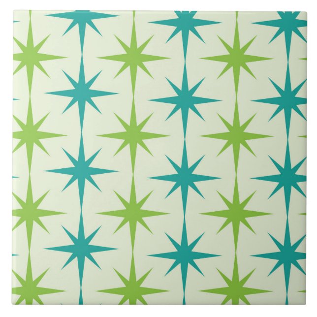 Azulejo De Cerâmica Meio século Atomic Starbursts Green e Teal (Frente)