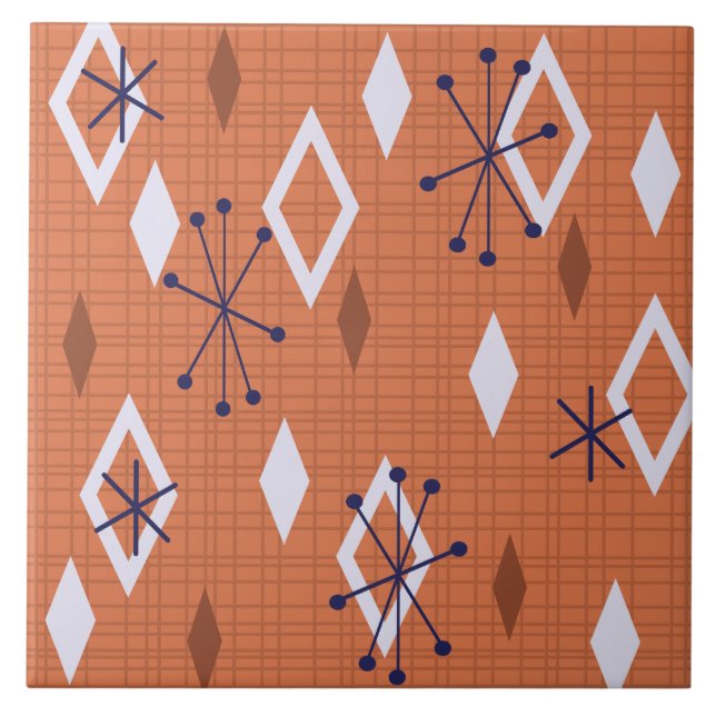 Azulejo De Cerâmica Meio século Diamantes Starbursts Queimados Laranja (Frente)