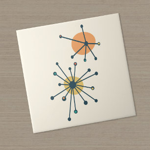 Azulejo De Cerâmica Meio Século Estouro de Estrela Atômico Creme, Teal