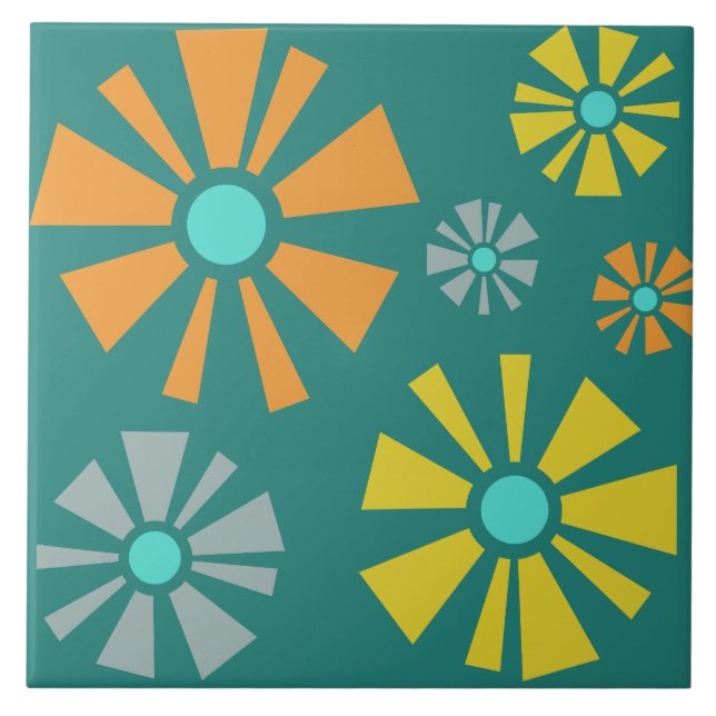 Azulejo De Cerâmica Meio século Flores Modernas Teal (Frente)